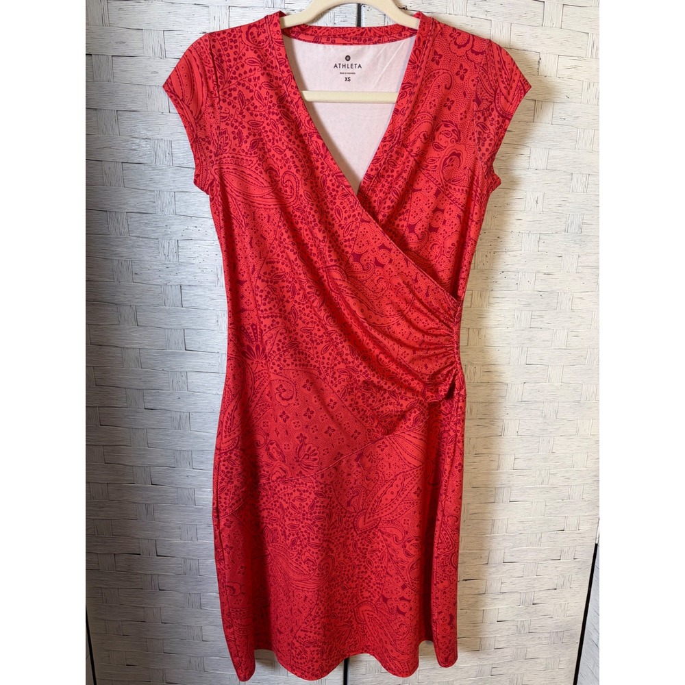 Athleta Womens Dress Sheath Paisley Faux Wrap Cap Sleeve Ruched Active 406745